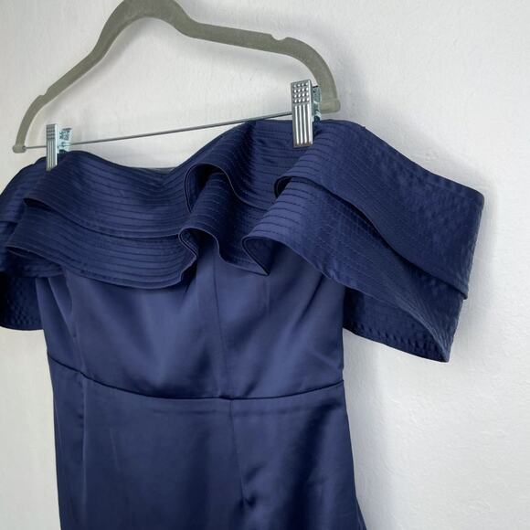 Bardot Athena Frill Off the Shoulder Navy Blue Satin Ruffle Mini Dress 10 Large - Picture 5 of 16